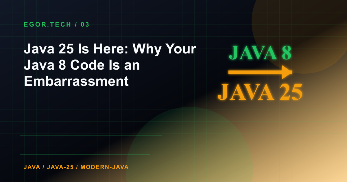 Old Java 8 tombstone beside a bright Java 25 monolith in a futuristic graveyard
